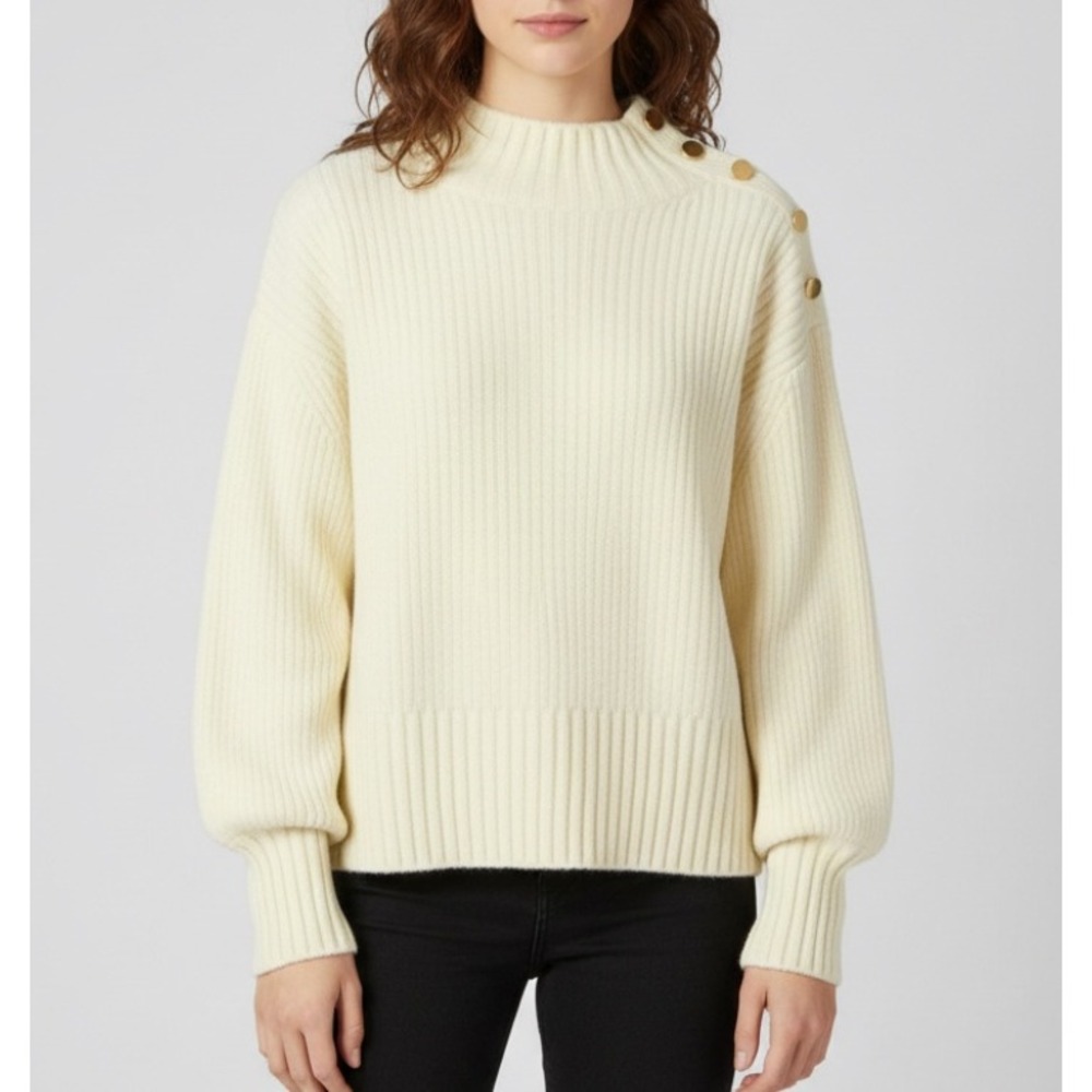 CYNTHIA ROWLEY Ivory Chenille Sweater HIGH NECK w/GOLD BUTTONS on Shoulders M